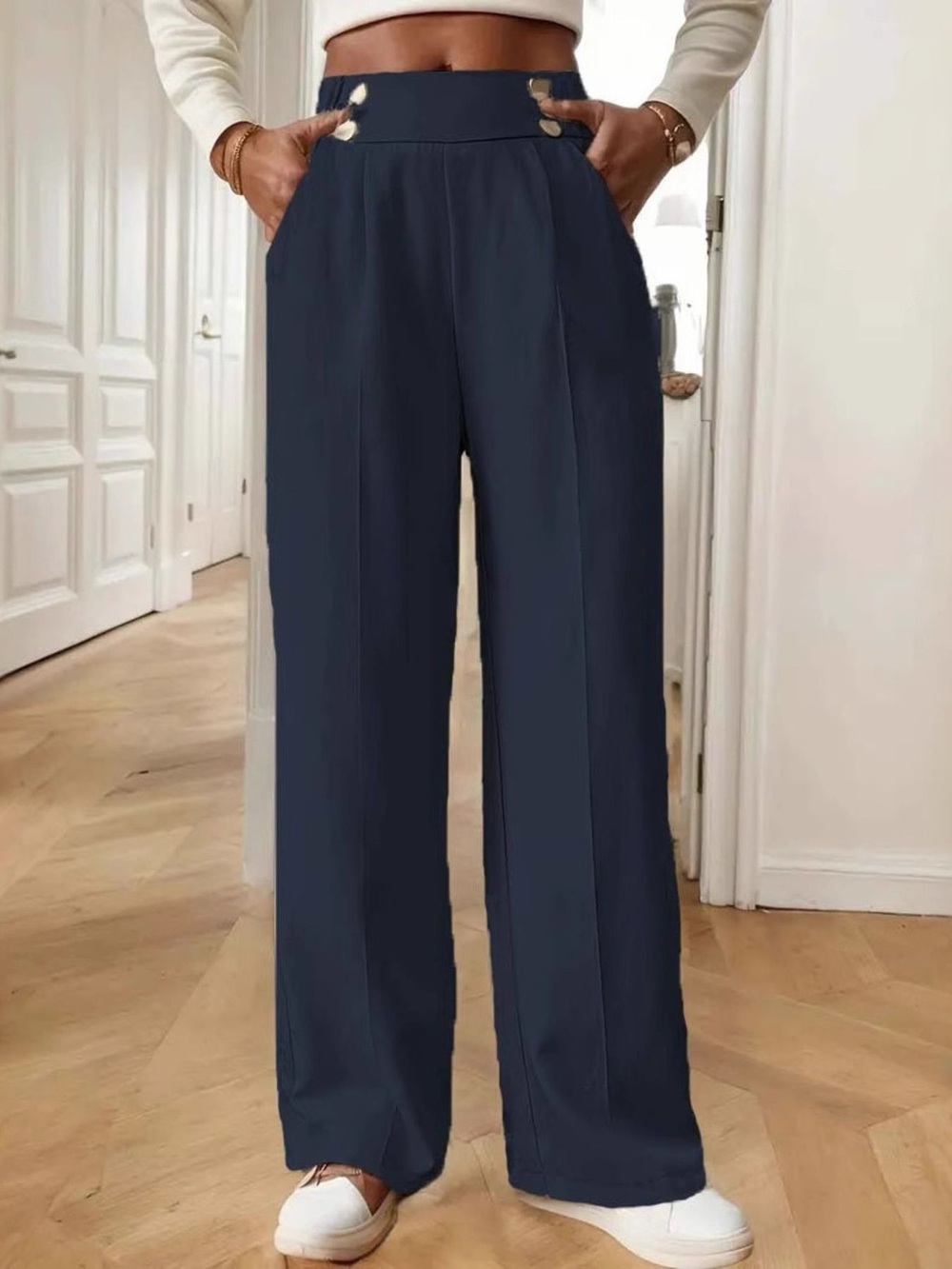 High-Rise Wide-Leg Pants with Button Detail — Navy